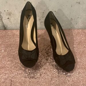 daniblack Black Suede Open-Toe Pumps with 4” Wooden Stacked Heel - Sz 7.5